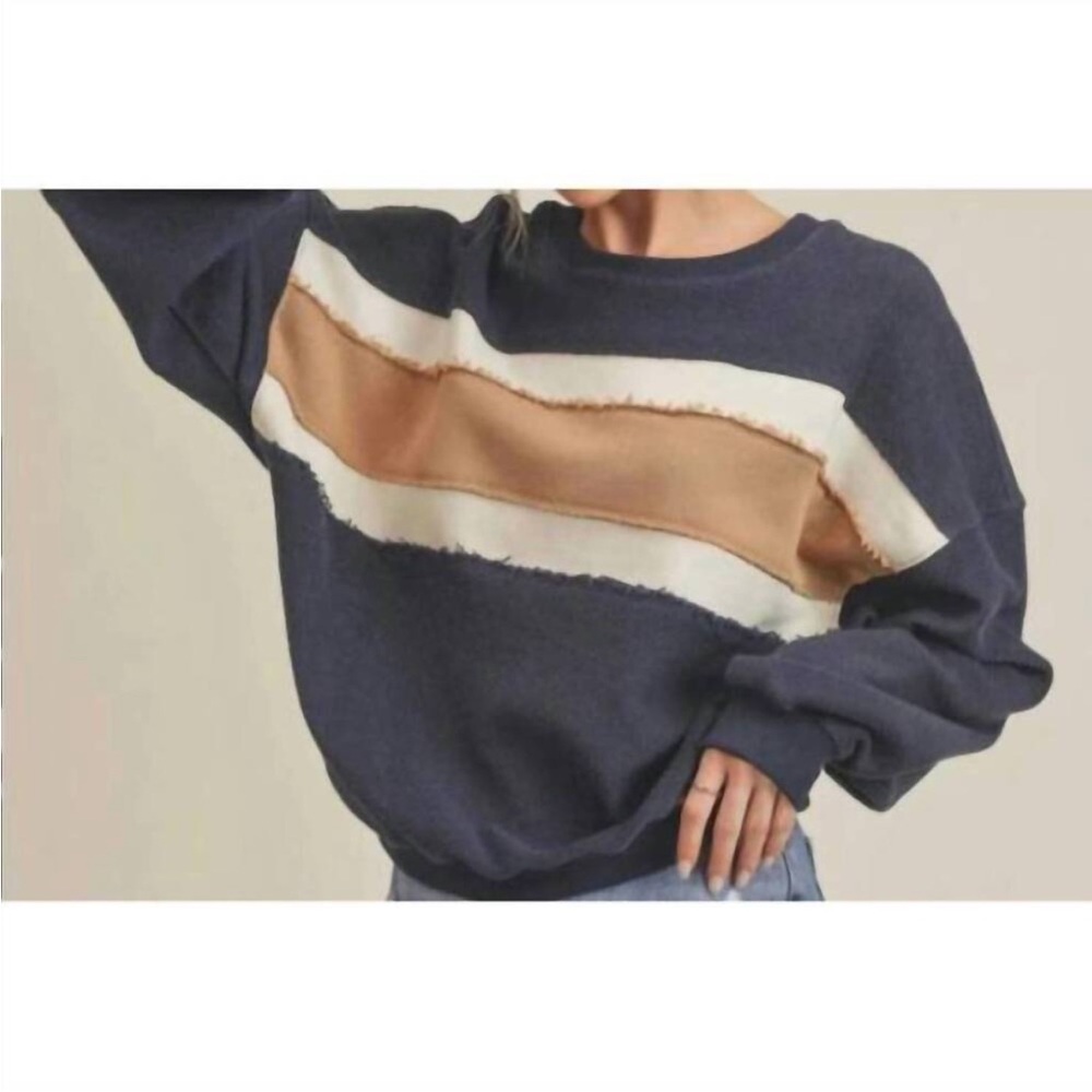 Aemi+Co Women's Navy Stripe Crewneck with Tan and Cream Bands - Picture 4 of 7